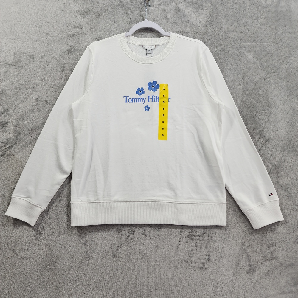 Tommy Hilfiger Sweatshirt Womens S White Blue Floral Logo Embroidered Pullover